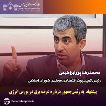 محمدرضا پورابراهیمی رئیس کمیسیون اقتصادی مجلس شورای اسلامی :   پیشنهاد  به رئیس‌جمهور درباره عرضه برق در بورس انرژی