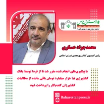 محمدجواد عسکری رئیس کمیسیون کشاورزی مجلس شورای اسلامی :مطالبات گندم‌کاران از فردا پرداخت می‌شود